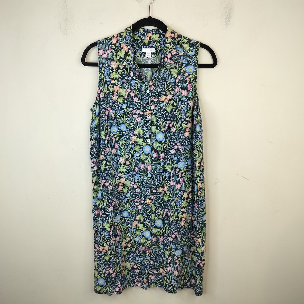 J. Jill Floral Rayon Shirt Dress S Petite Sleeveless Black Multicolor